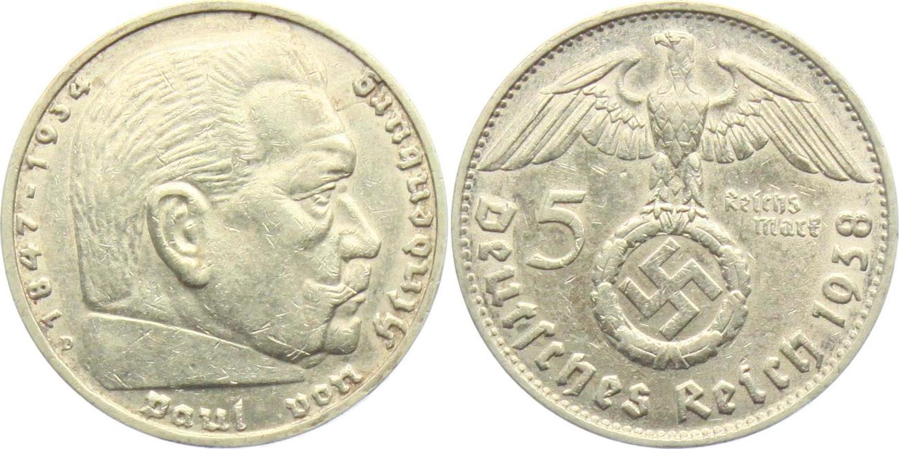 Was Sind 5 Reichsmark Wert Mit Hakenkreuz Drittes Reich 5 Reichsmark 1938 D Hindenburg - mit Hakenkreuz VF+ | MA
