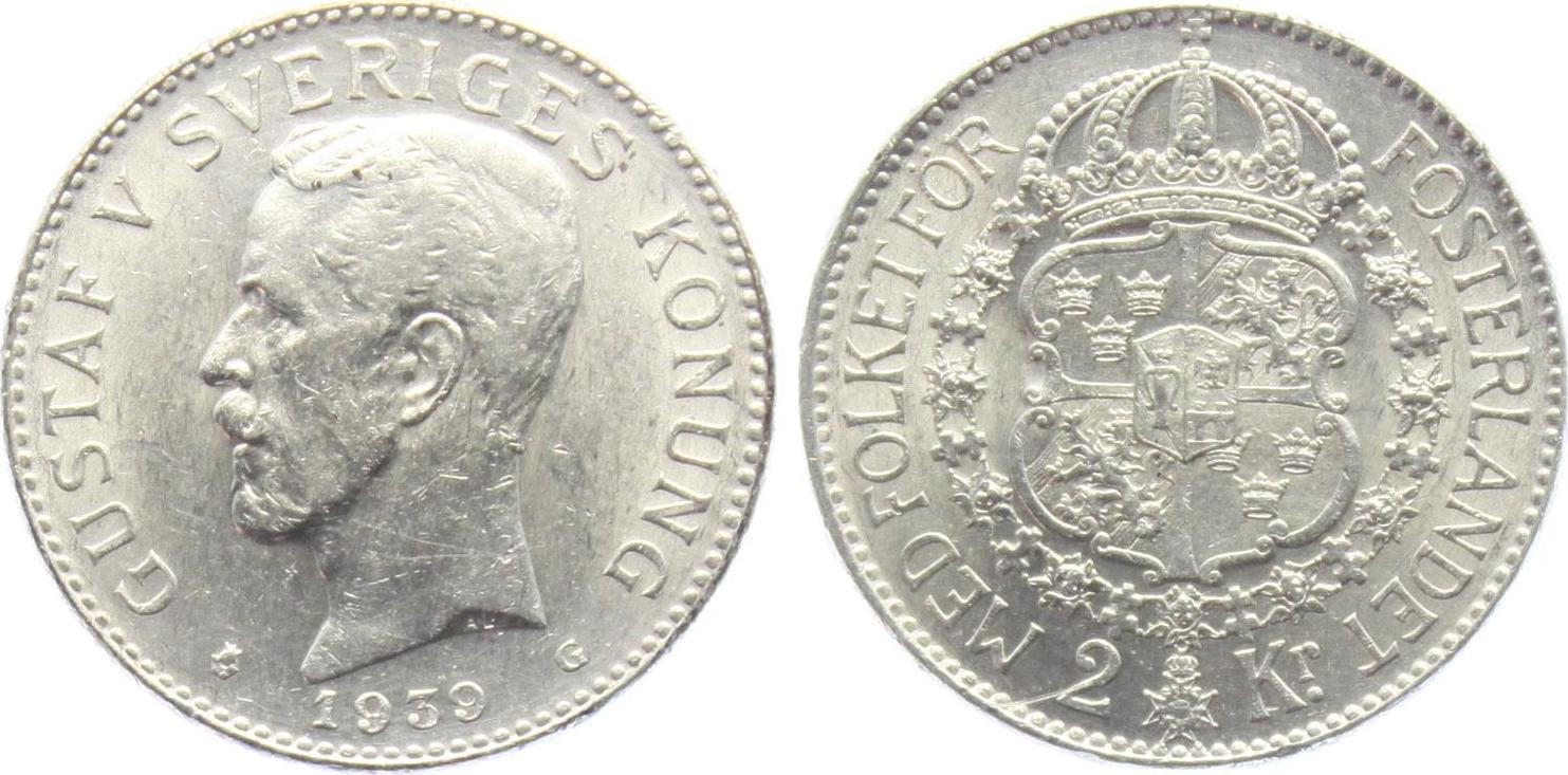 2 Kroner - 2 Kronen 1939 G Gustaf V. Von Schweden (1907 - 1950) VF-EF ...