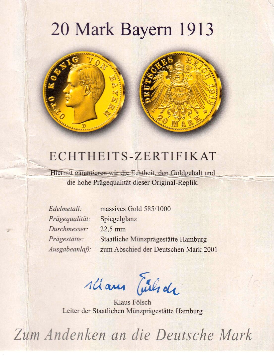 20 Mark/NP 1913/2001/NP König Otto von Bayern (1886-1913) Proof mit ...