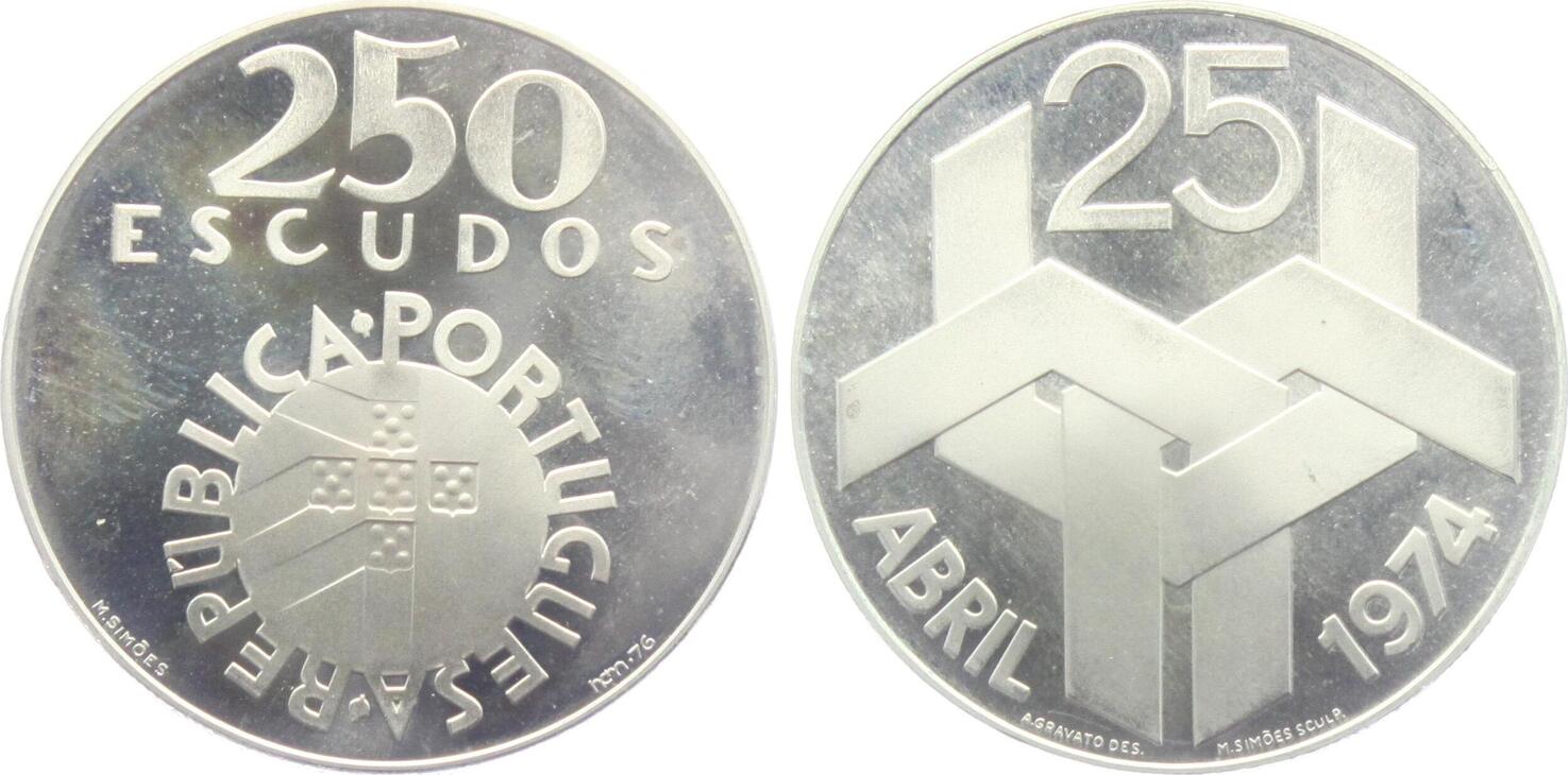 Revolution 1974 PROOF 250 escudos silver  1976 