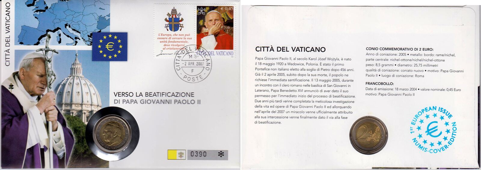 Vatikan 2 Euro 2005 2007 Seligsprechung Papst Johannes Paul II UNC Im Numisbrief MA Shops