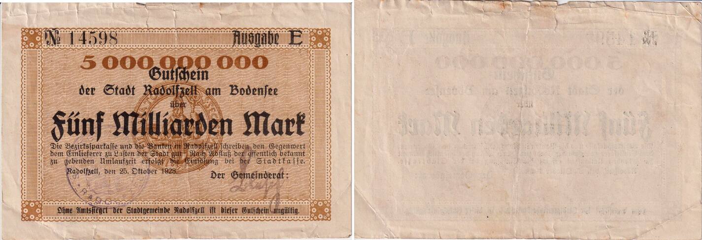 1928 Banknote - Deutschland - Radolfzell am Bodensee - 5 Milliarden ...