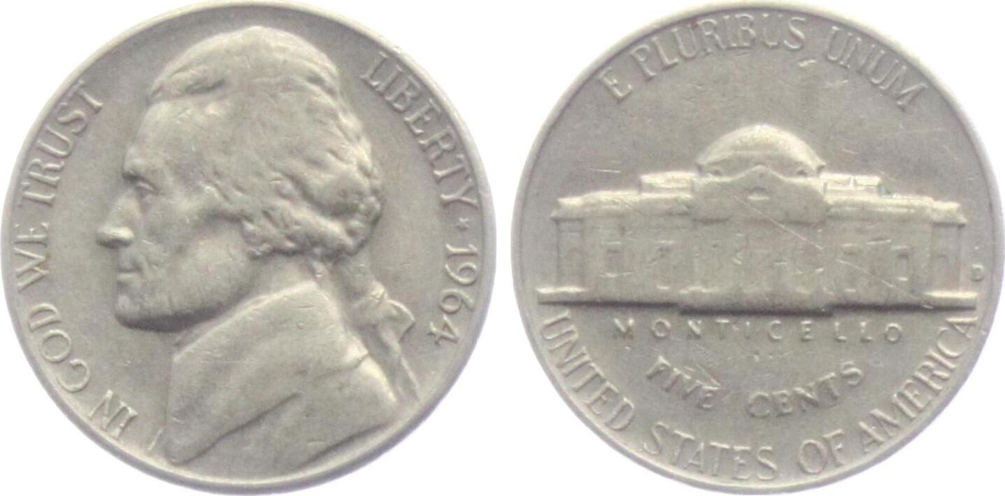 USA 5 Cent - Nickel 1964 D 5 Cents - Jefferson EF | MA-Shops