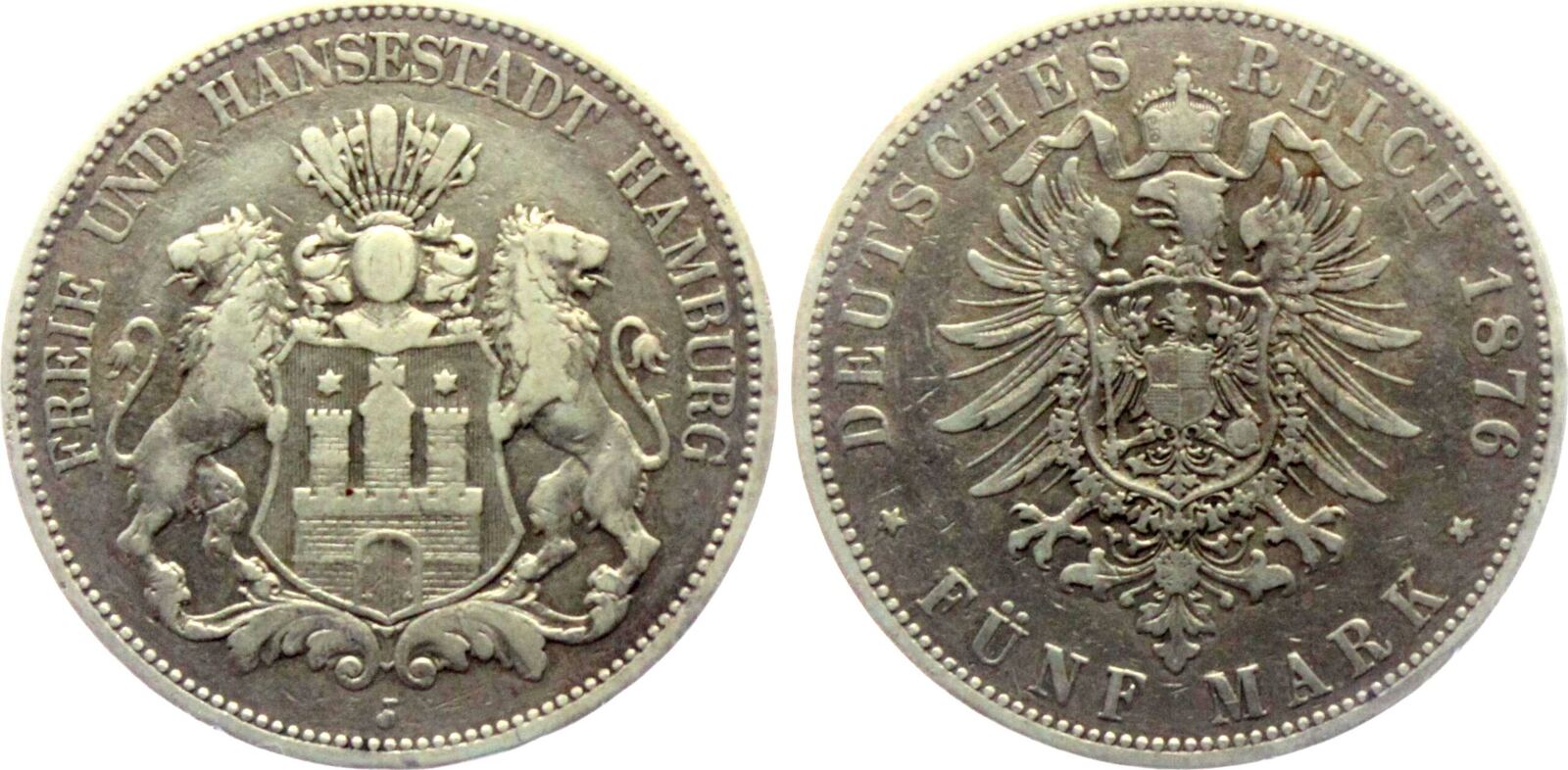 Hamburg - Kaiserreich 5 Mark 1876 J Hamburger Stadtwappen - kleiner ...
