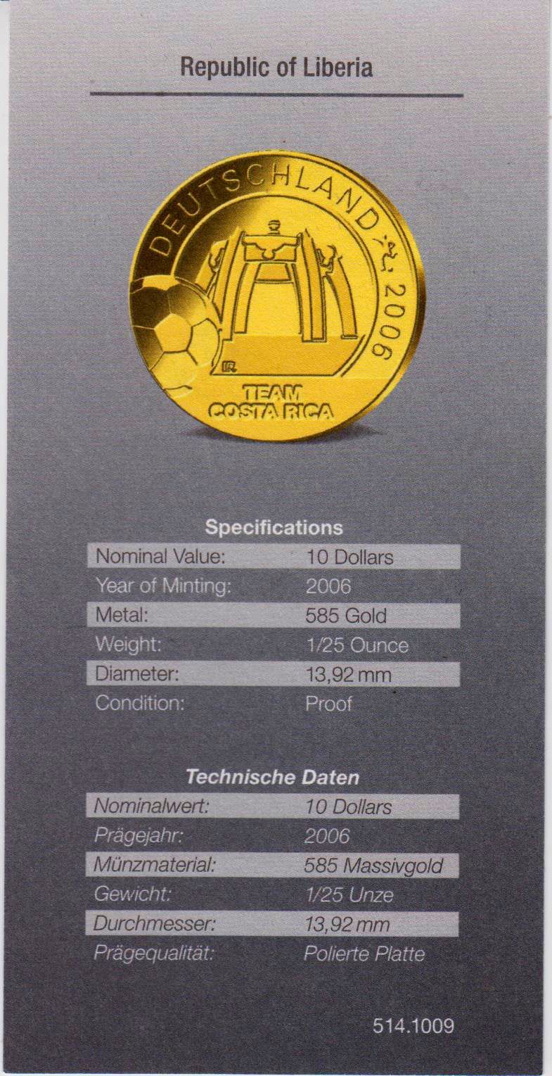 Liberia 10 Dollar 2004 FußballWM 2006 in Deutschland Teilnehmer