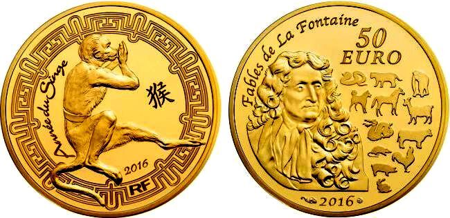 Frankreich 50 Euro 2016 La Fontaine - Jahr des Affen Proof mit Box+ ...