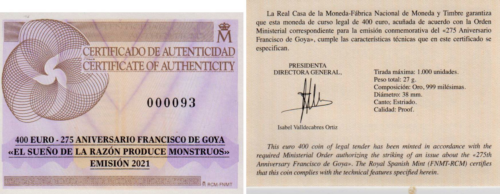 Spanien 400 Euro 2021 Francisco Goya - Der Schlaf der Vernuft Proof mit ...