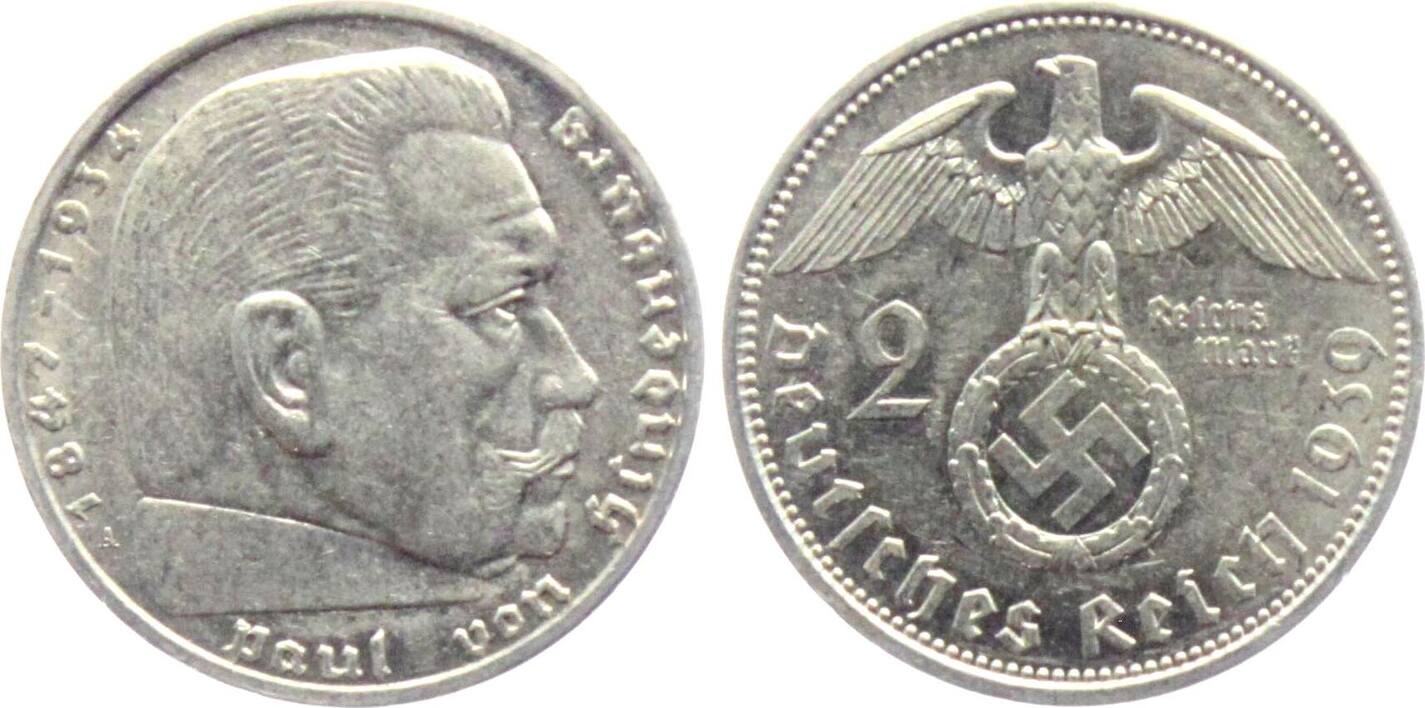 Germany Njemačka 3. Reich 2 Reichsmark 1939 A - Paul von Hindenburg