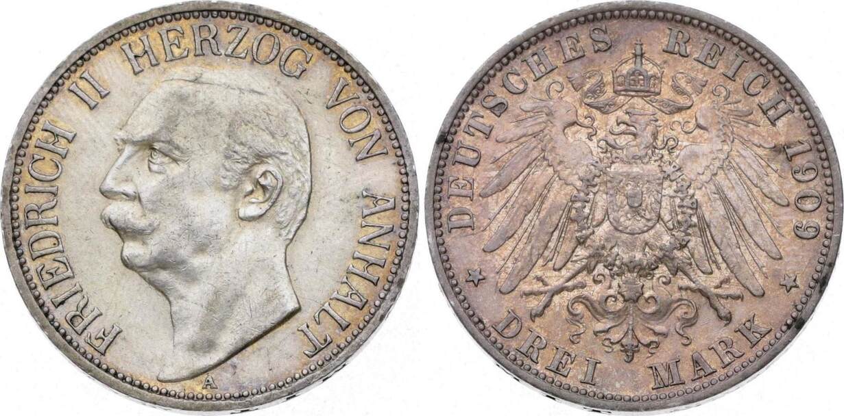 Anhalt 3 Mark 1909 A Friedrich II. 1904-1918. Hübsche Patina. VF-EF ...