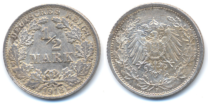 1917A 1918D ドイツ銀貨 2枚セット 古銭 1/2 Mark 1917A 1918D