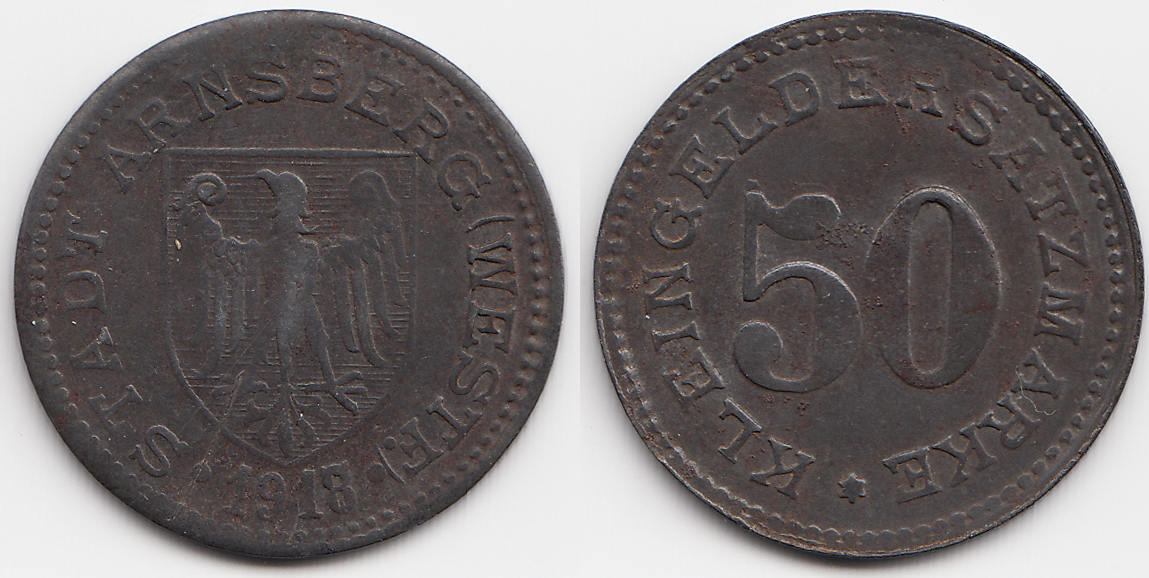 Westfalen 50 Pfennig Arnsberg - Eisen 1918 (Funck 19.6) sehr schön ...