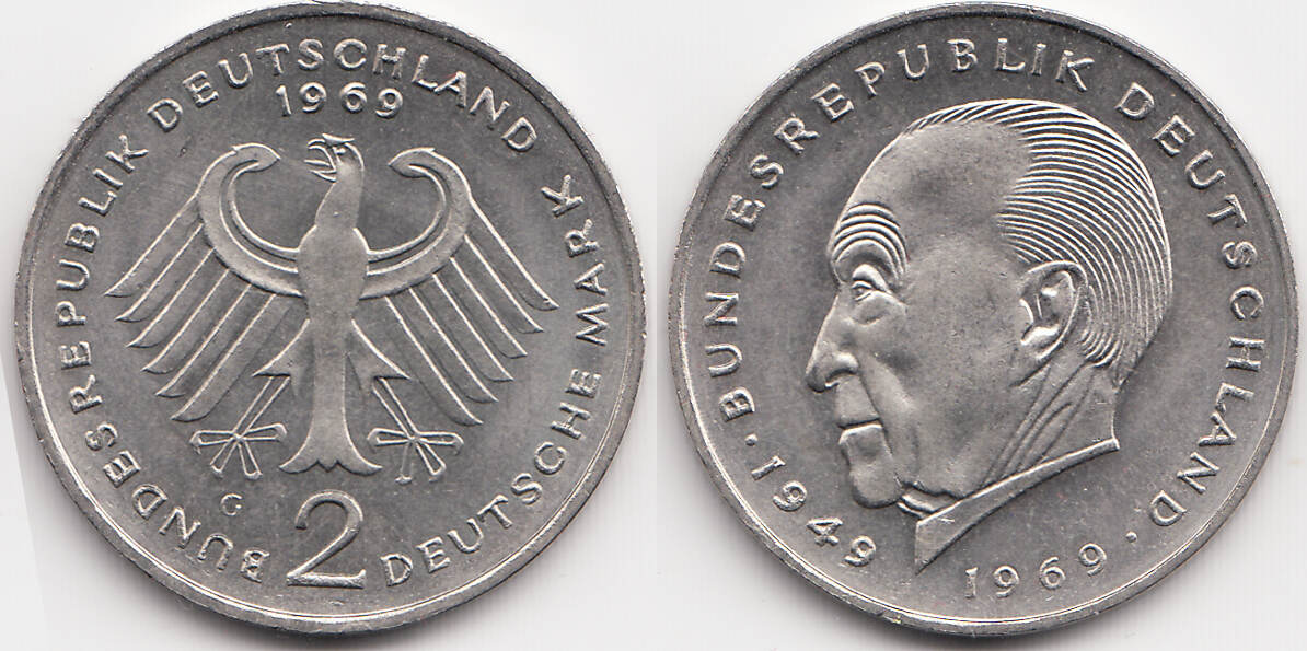 BRD 2 DM 1969 G Konrad Adenauer CH UNC / stempelglanz-matt | MA-Shops