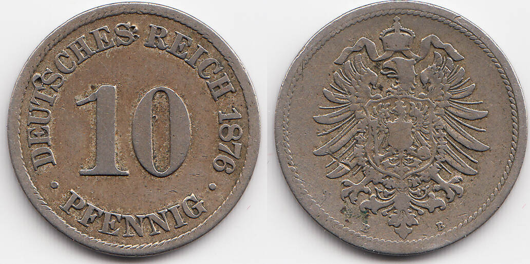 Kaiserreich 10 Pfennig 1876 B Kleiner Adler - Kupfer/Nickel F / Sehr F ...