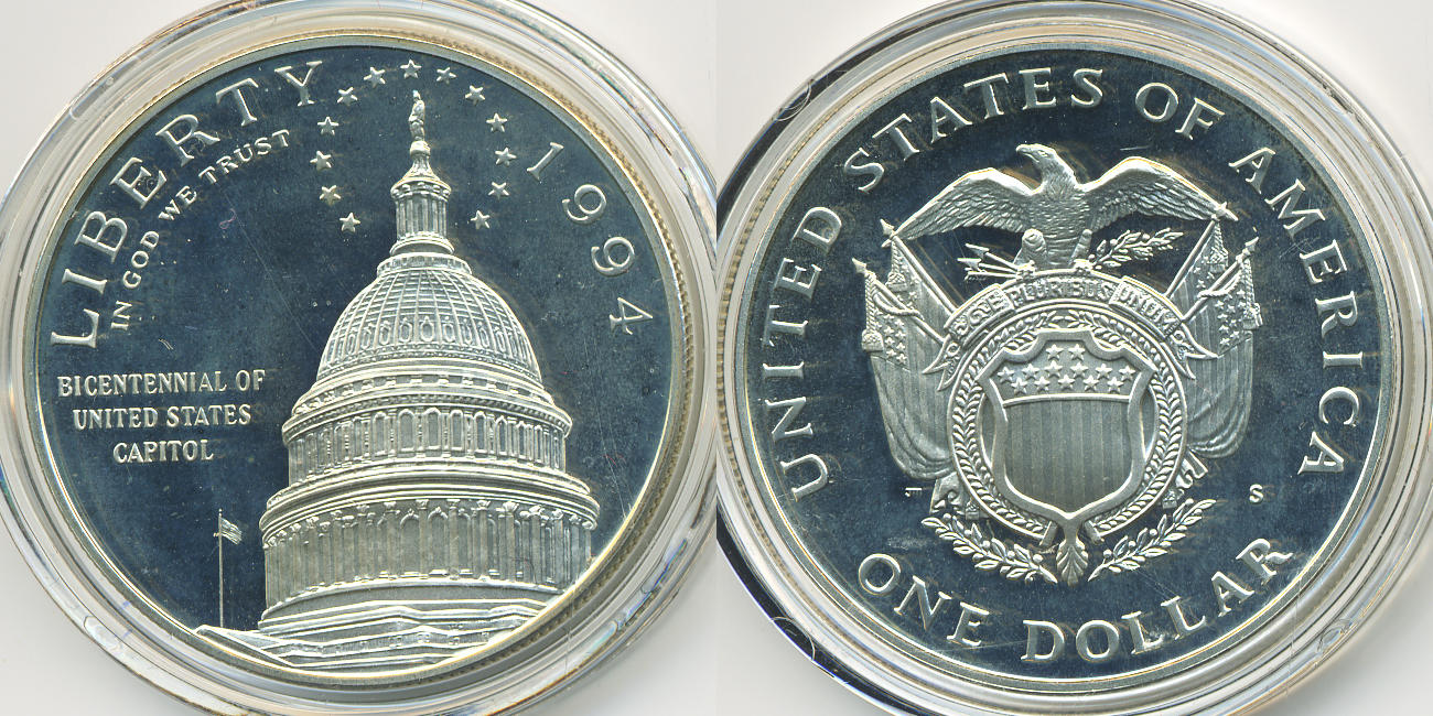 Zoom of picture of a coin or a banknote for currency USD (United States  Capitol)