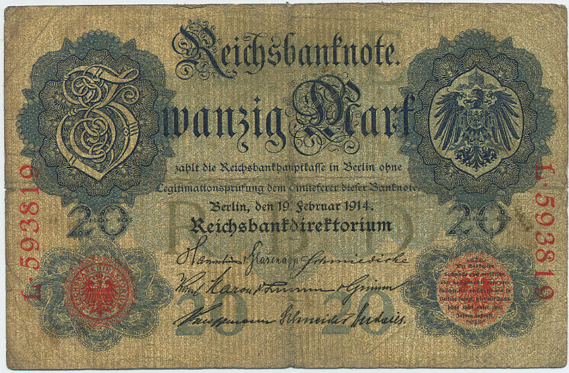 Prophila Collection – Banconota Tedesco Empire 20 Mark 1914, Rosenbg 49b, 7 Cifre, Usata (III), Autentica Per Collezionisti