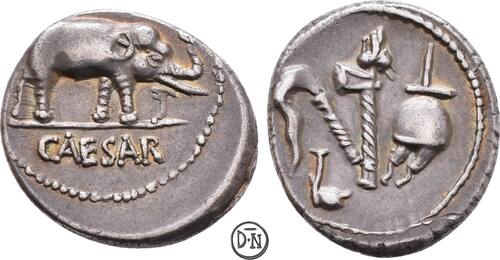 C. Julius Caesar (+ 44 v. Chr.) Denar 49 v. Chr. Heeresmünzstätte, Elefant / Priestergeräte, herrlic