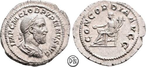 Pupienus (238) Denar Februar-Mai 238 n. Chr. Roma, Büste / Concordia, Prachtexemplar mit nahezu voll