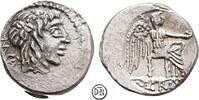 M. Porcius Cato (Münzmeister) Quinar Rom, Kopf des Liber / Victoria auf Thron, -