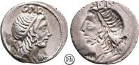 Cn. Cornelius Lentulus Marcellinus (Münzmeister) Denar (Fehlprägung, Brockage) Roma, Geniusbüste / Inkuser Abdruck der Vorderseite, selten, -