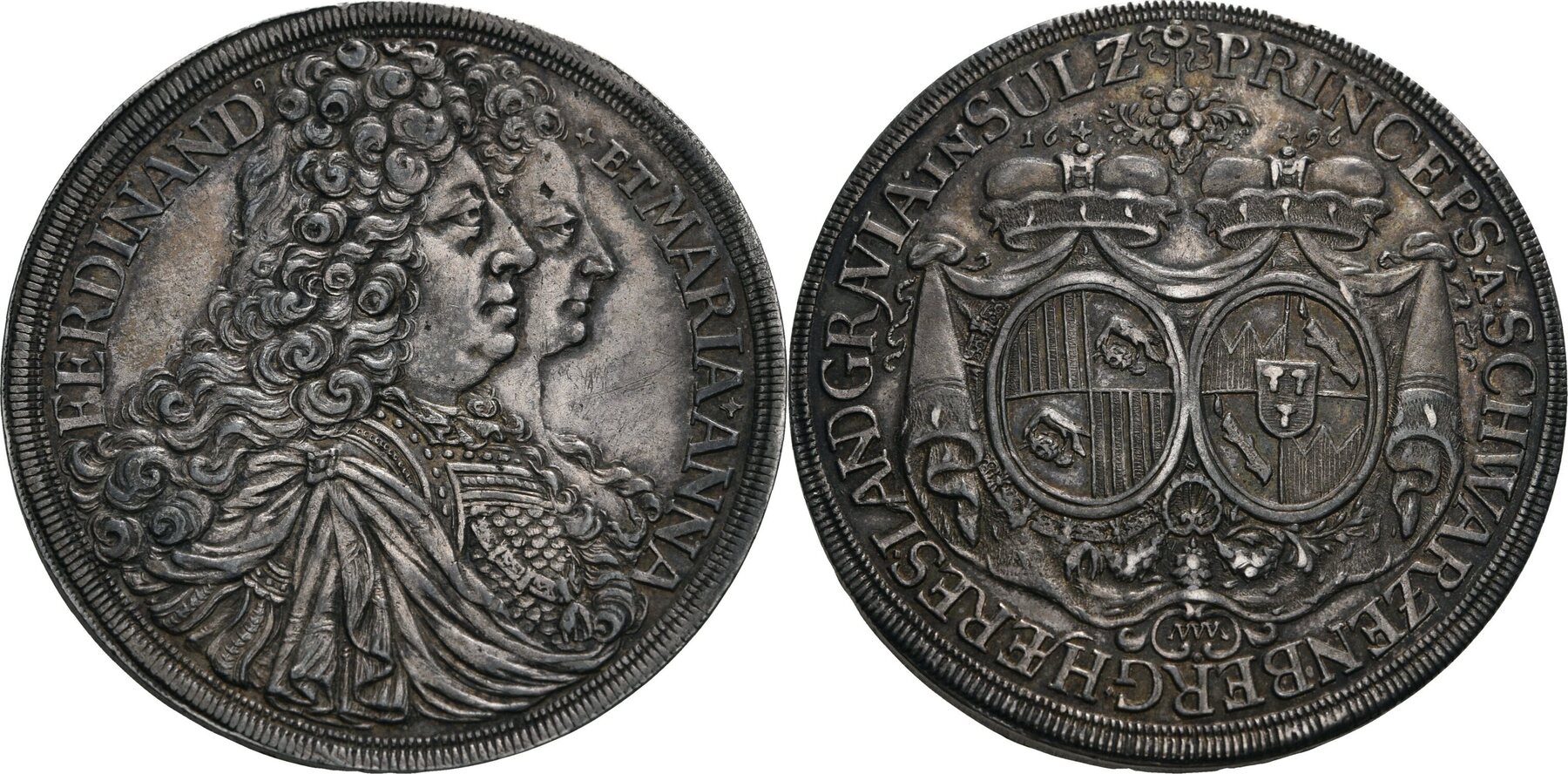 Schwarzenberg Reichstaler, Wien 1696 Ferdinand Wilhelm Eusebius, 16831703 VF+, dunkle Tönung Schwarzenberg Reichstaler, Wien 1696 Ferdinand Wilhelm Eusebius, 16831703 VF+, dunkle Tönung