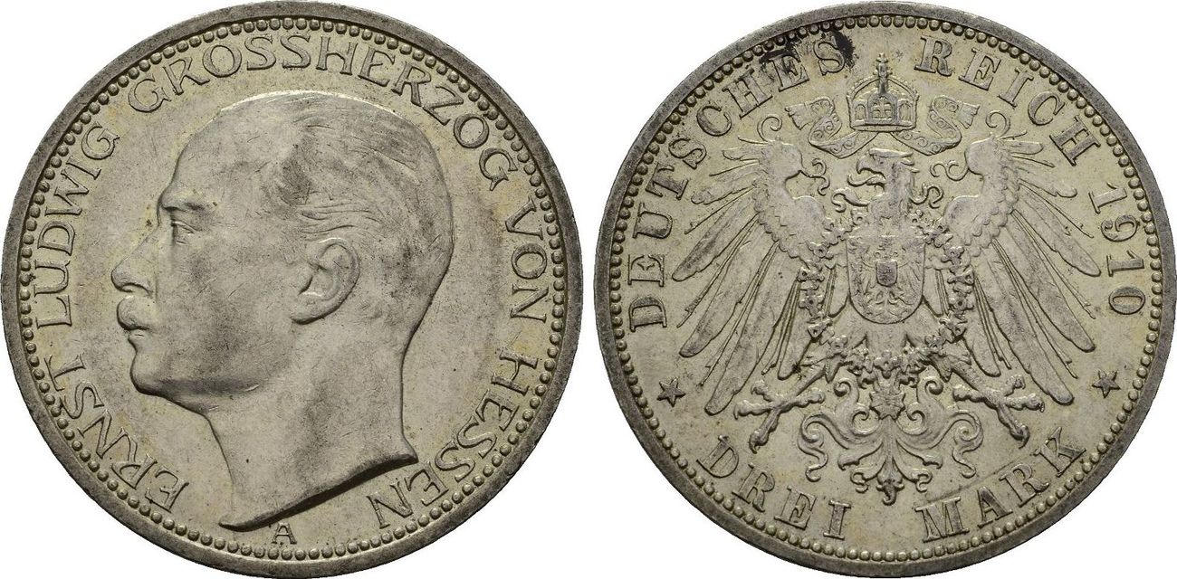 3 Mark 1910 A Kaiserreich Hessen Großherzog Ernst Ludwig Au - 
