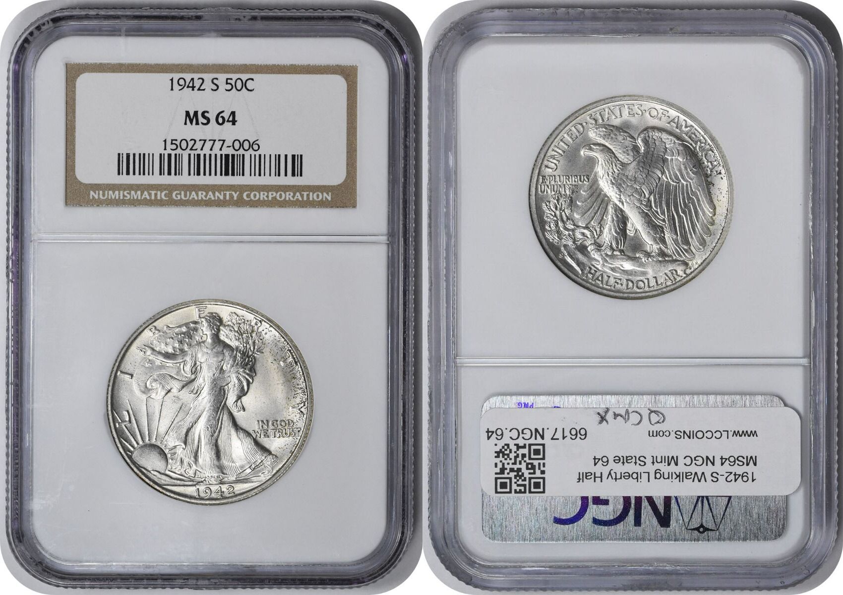 US 1942 S 1942-S Walking Liberty Silver Half Dollar MS64 NGC None | MA ...