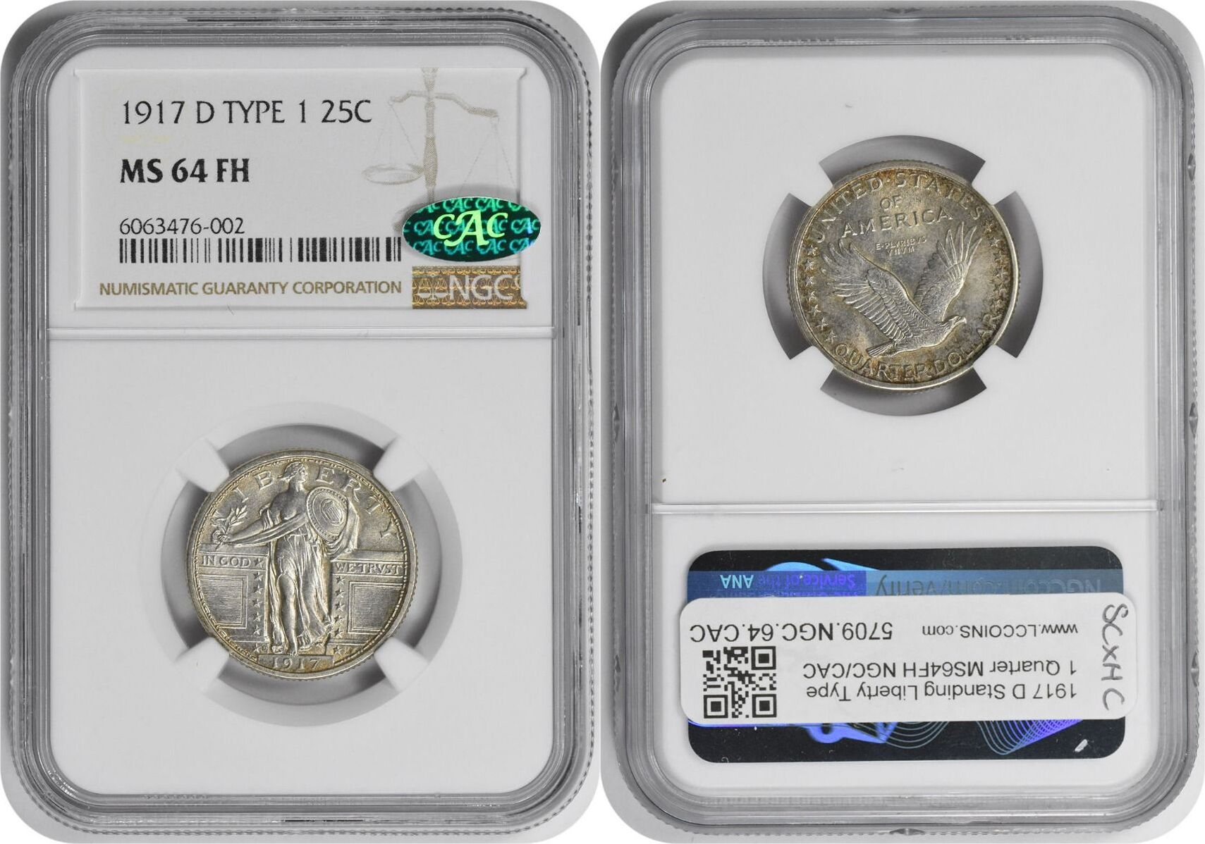 US 1917 D 1917-D Standing Liberty Silver Quarter Type 1 MS64FH NGC (CAC ...