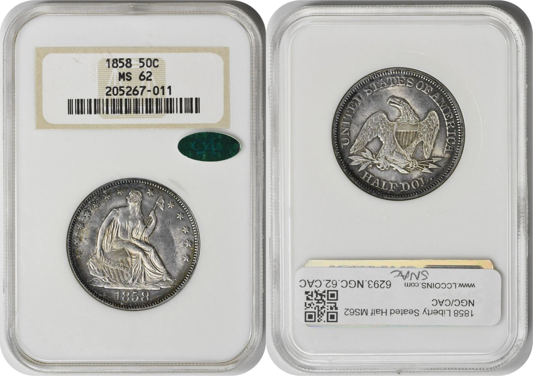 US 1858 No Mint Mark 1858 Liberty Seated Silver Half Dollar MS62 NGC ...