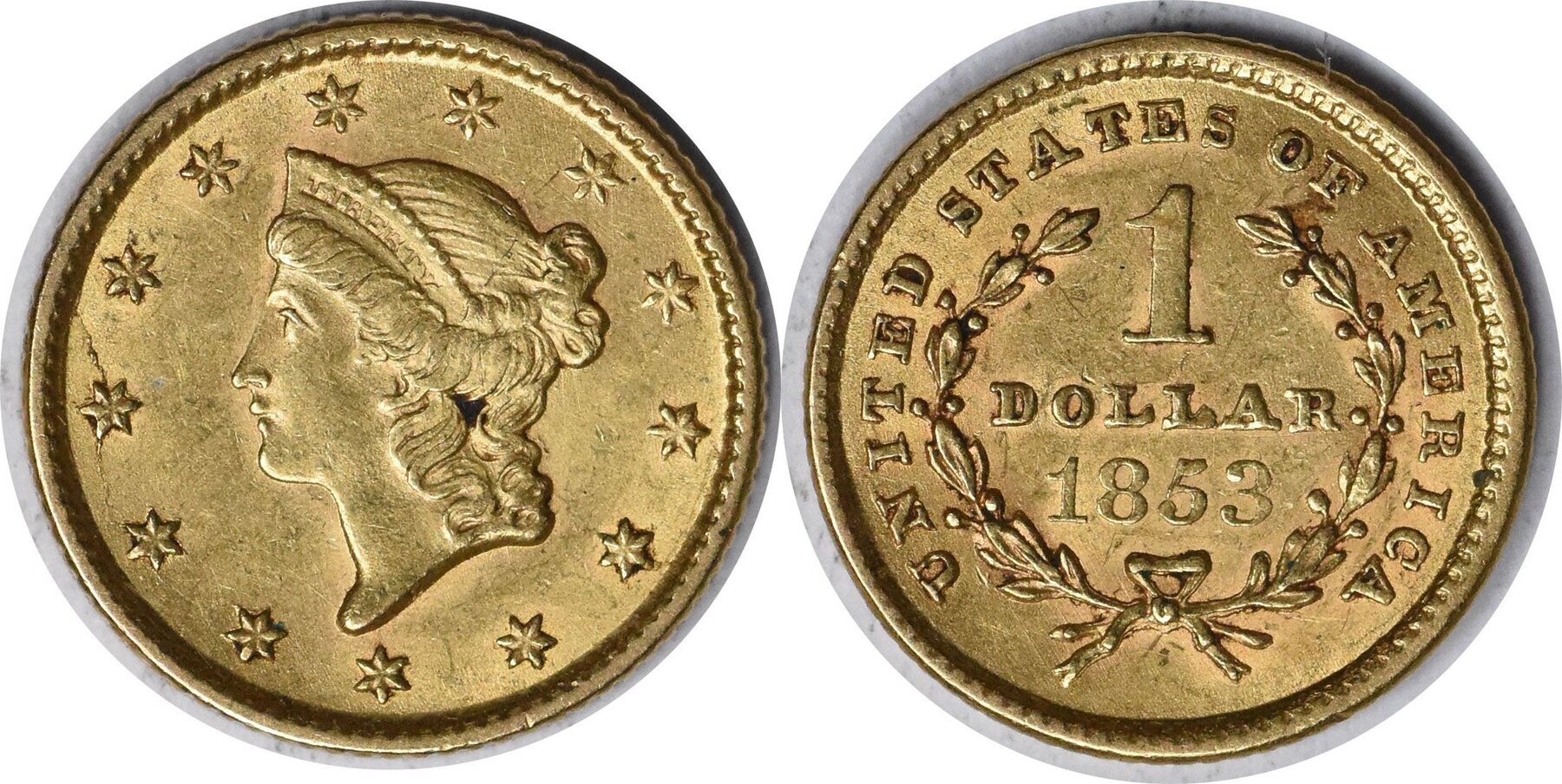 US Dollar 1853 No Mint Mark 1853 1 Gold Type 1 AU58 Uncertified