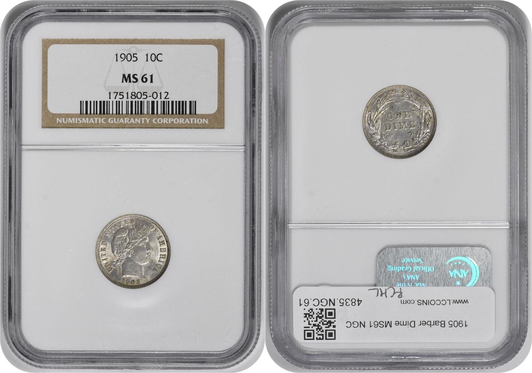 US 1905 No Mint Mark 1905 Barber Silver Dime MS61 NGC None | MA-Shops