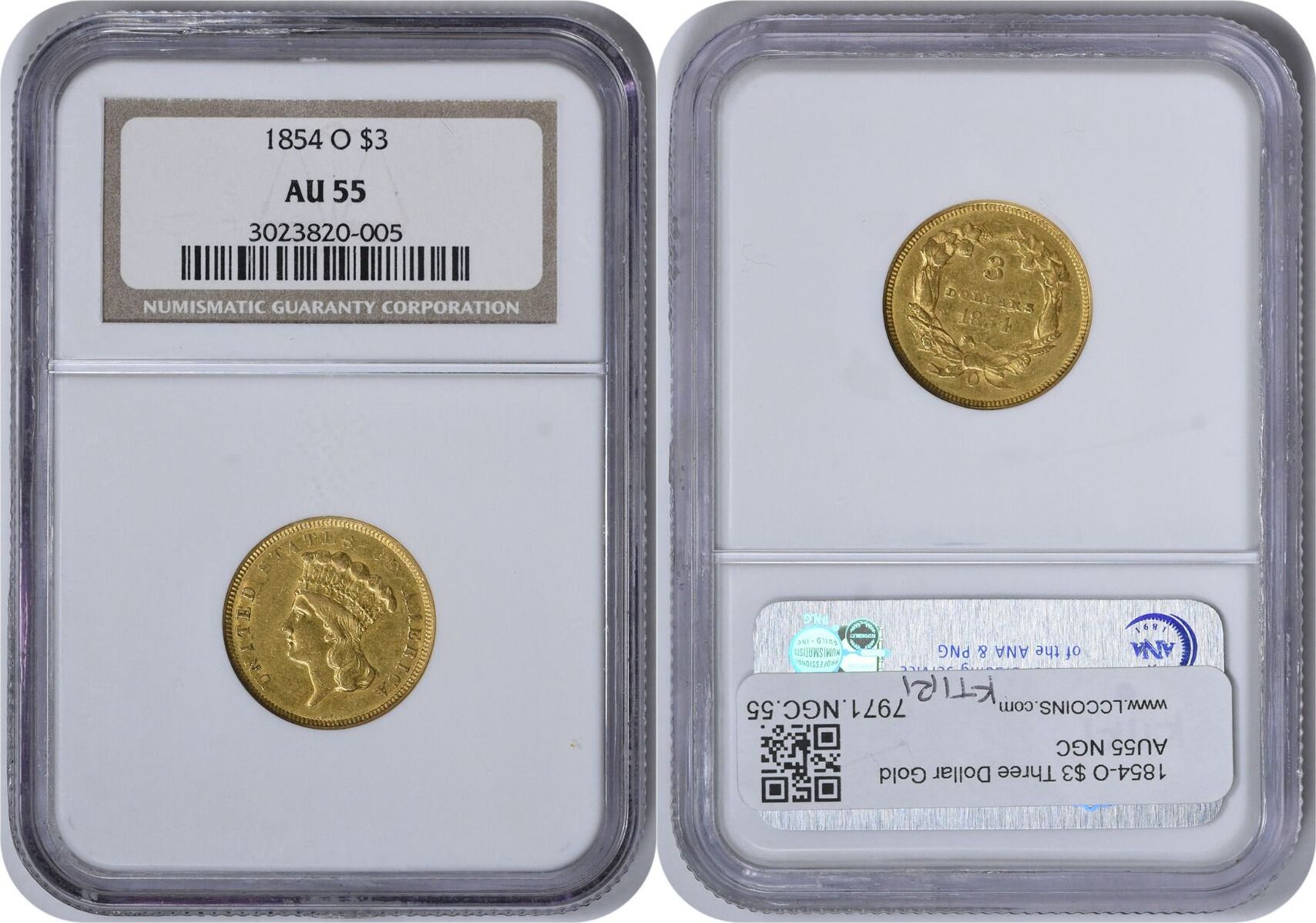 US Three Dollar 1854 O 1854 O 3 Gold AU55 NGC None AU