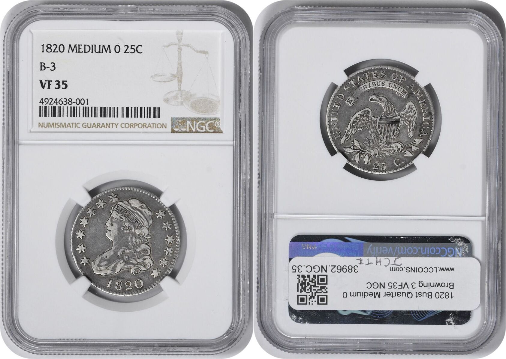 1820 No Mint Mark 1820 Bust Silver Quarter Medium 0 VF35 NGC None VF ...