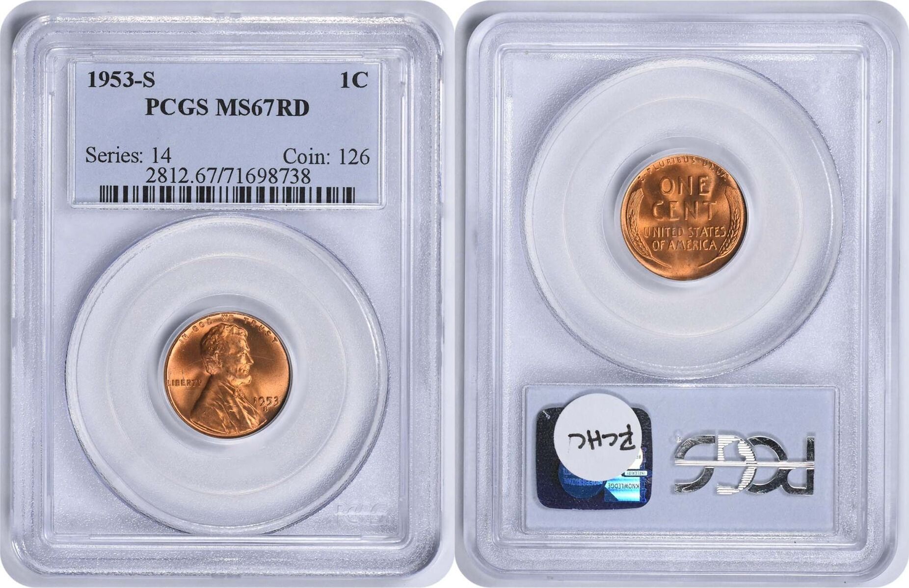 US 1953-S Lincoln Cent MS67RD PCGS