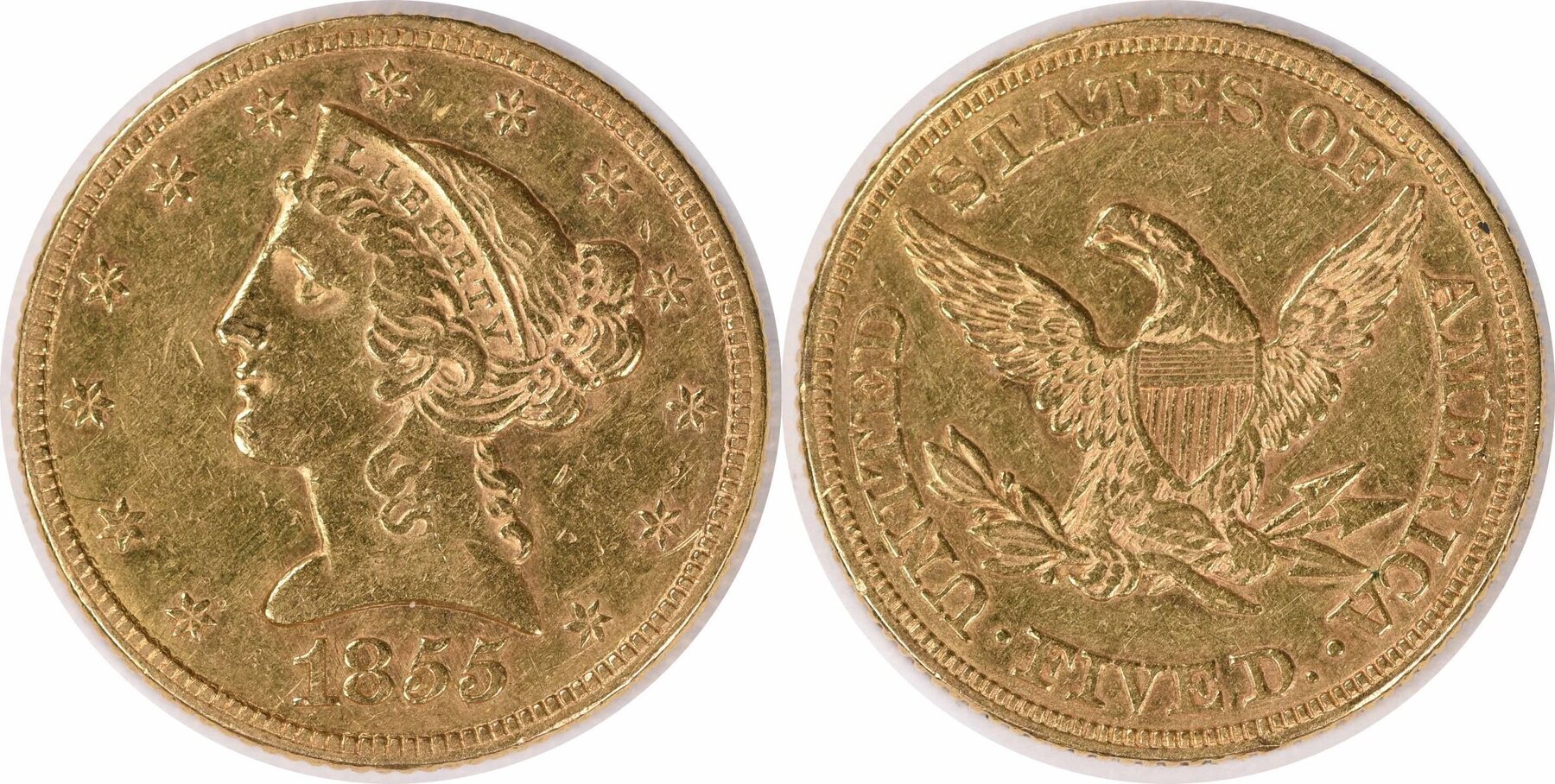 US Five Dollar 1855 No Mint Mark 1855 5 Gold Liberty Head AU