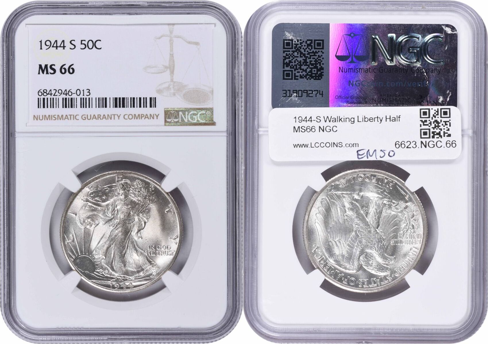 US 1944 S 1944 S Walking Liberty Silver Half Dollar MS66 NGC None