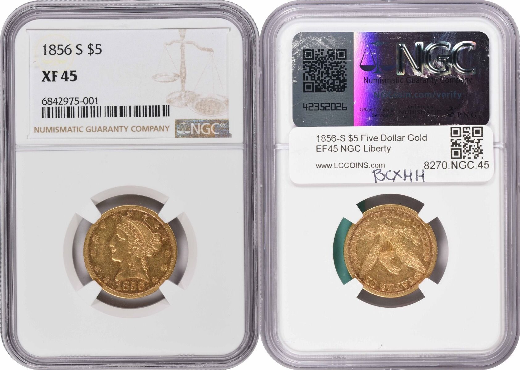 US Five Dollar 1856 S 1856 S 5 Gold Liberty Head EF45 NGC None XF