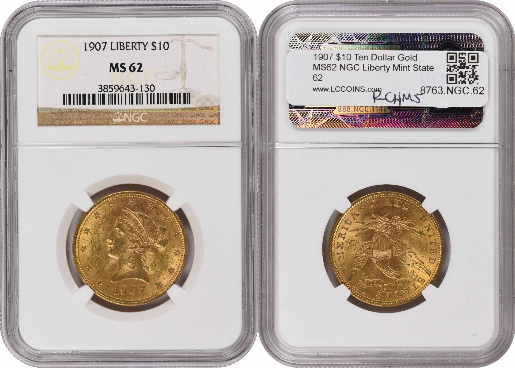 US Ten Dollar 1907 No Mint Mark 1907 10 Gold Liberty Head MS62