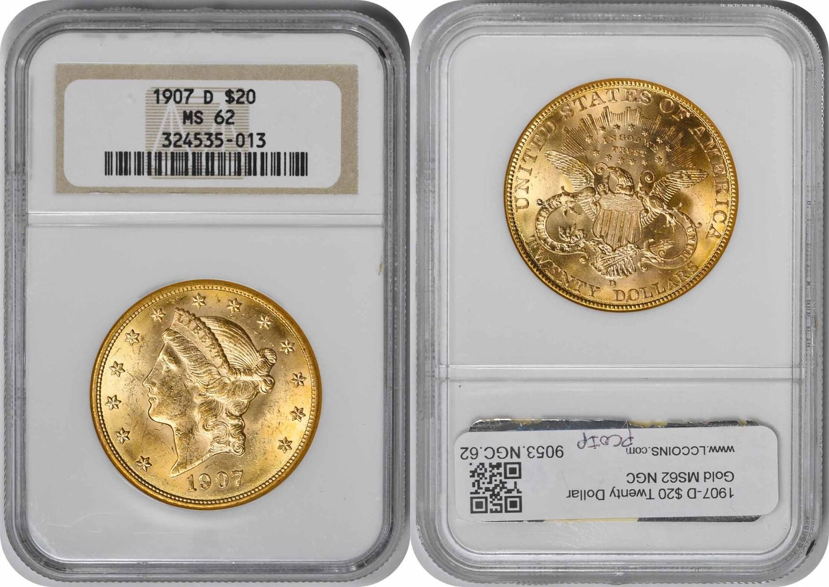 US Twenty Dollar 1907-D $20 Gold Liberty Head MS62 NGC