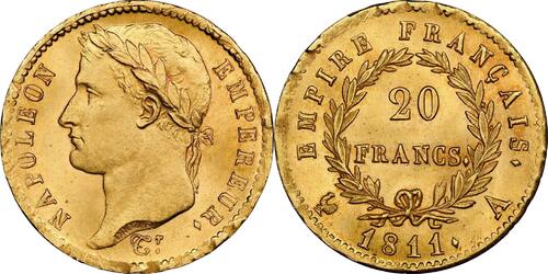 France 20 Francs 1811 Napoléon Empereur  or Paris NGC MS65+ Fleur de coin+++ Top Pop