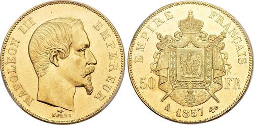 France 50 Francs 1857 Napoléon III  or Paris Splendide PCGS MS62