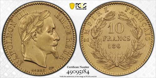 France 10 Francs Napoléon III Présérie  or 186 sans lettre d'atelier SPL à FDC PCGS SP62
