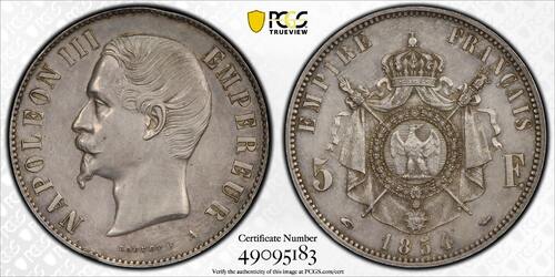 France 5 Francs 1854 Napoléon III  épreuve en argent Tranche lisse PCGS SP58 rarissime