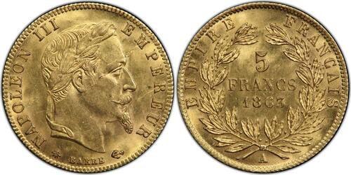 France 5 Francs 1863 Napoléon III  or Paris PCGS MS64 FDC rare Qualité