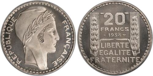 France 20 francs 1938 Essai de  Turin tranche inscrite GEM.200 5 rarissime PCGS SP67 FDC