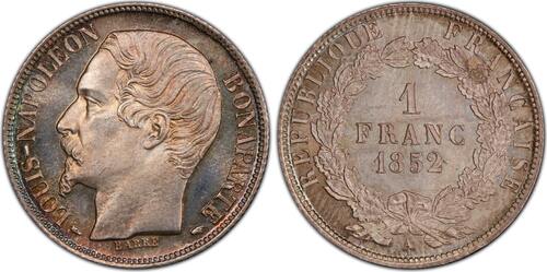 France 1 Franc 1852 Louis-Napoléon  Paris PCGS MS67 Fleur de coin+++ flan bruni