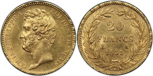 France 20 Francs 1831 Louis-Philippe  or Paris Tiolier Tranche en creux UNC