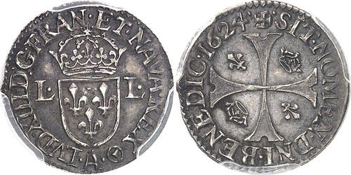 France Douzain 1624 Louis XIII  d’argent au moulin Paris PCGS MS62 de toute rareté