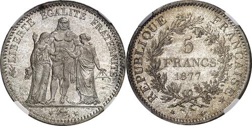 France 5 Francs 1877 Hercule Paris NGC MS67 Fleur de coin+++ Top Pop Plus haut grade