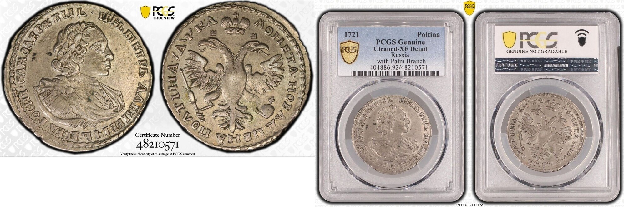 Poltina 1721 Russia Peter I with Palm Branch PCGS XF EF rare | MA-Shops