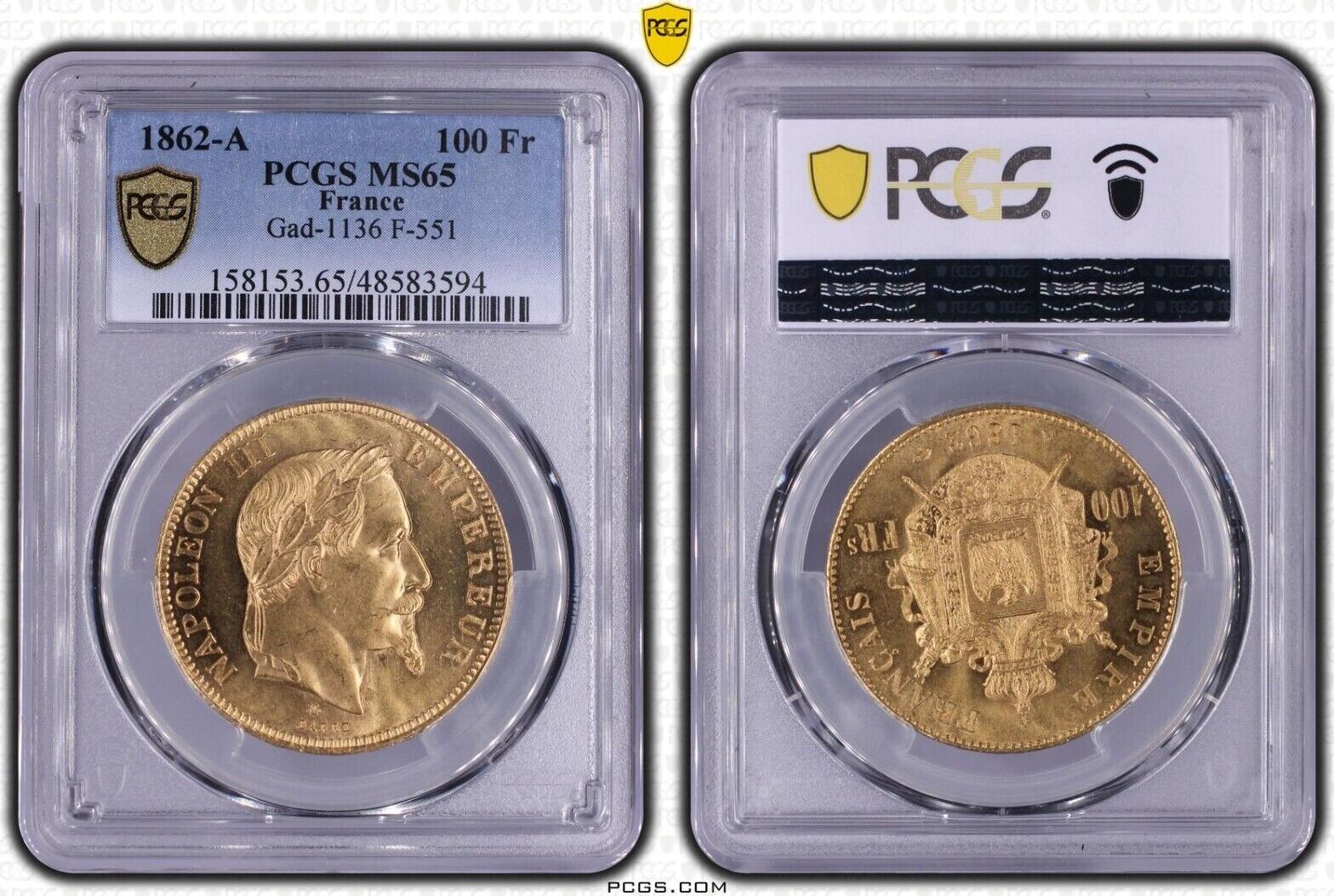 France 100 Francs 1862 Napoléon III or Paris PCGS MS65 Top Pop Best